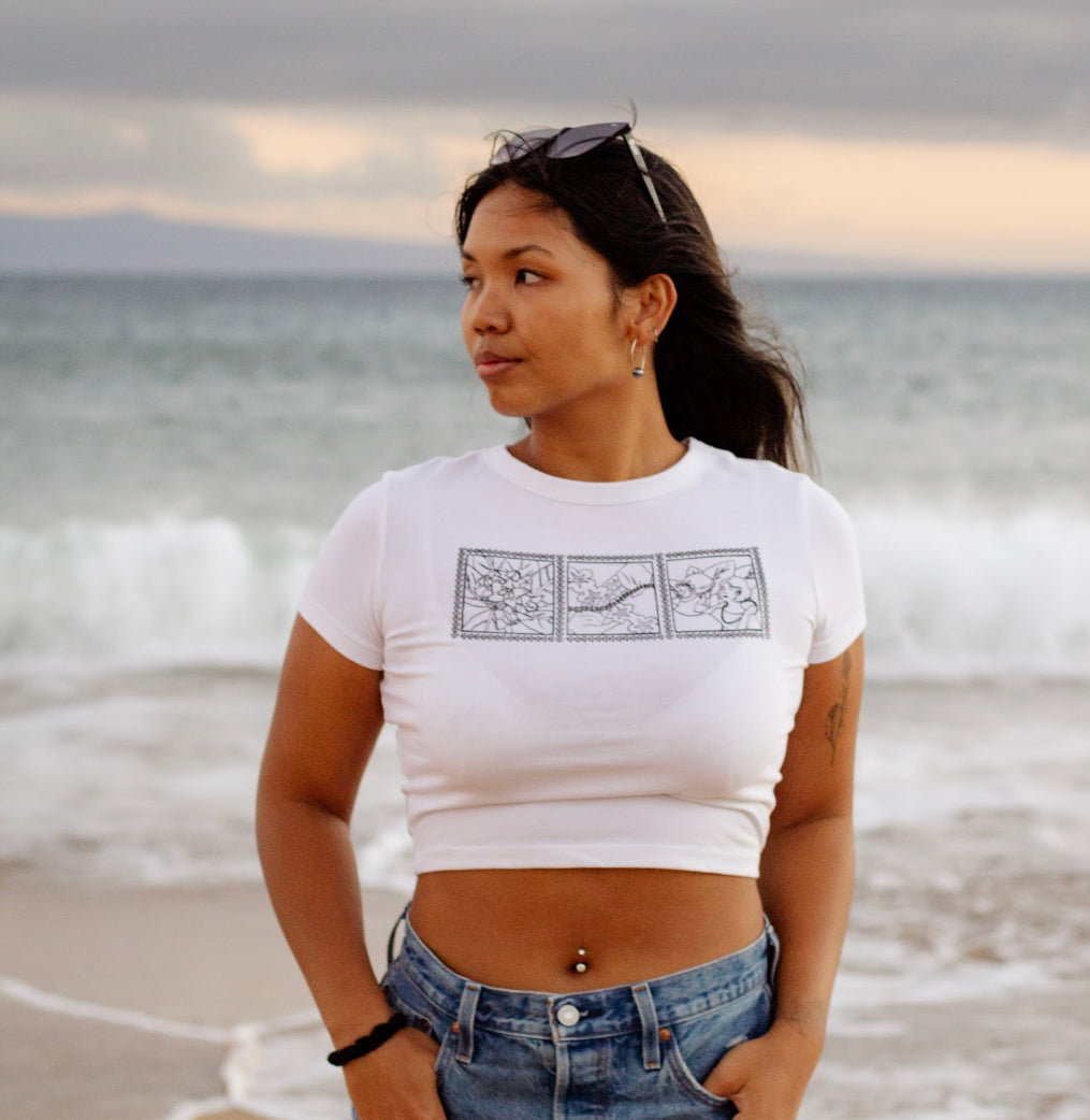 Lei of Love- White Crown Flower Cropped Baby Tee