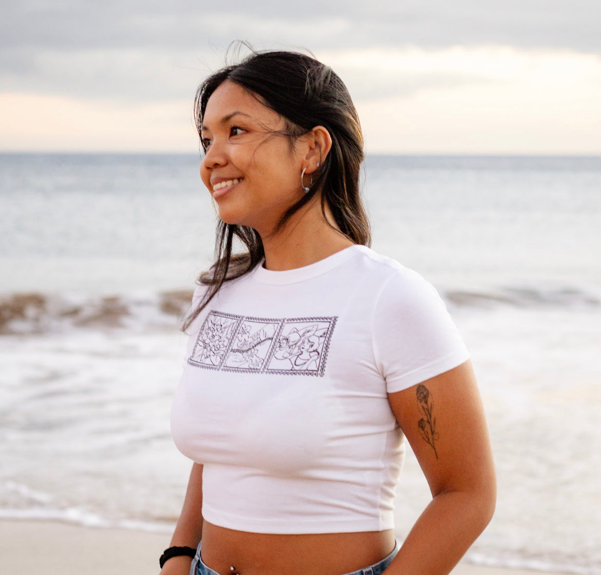 Lei of Love- White Crown Flower Cropped Baby Tee