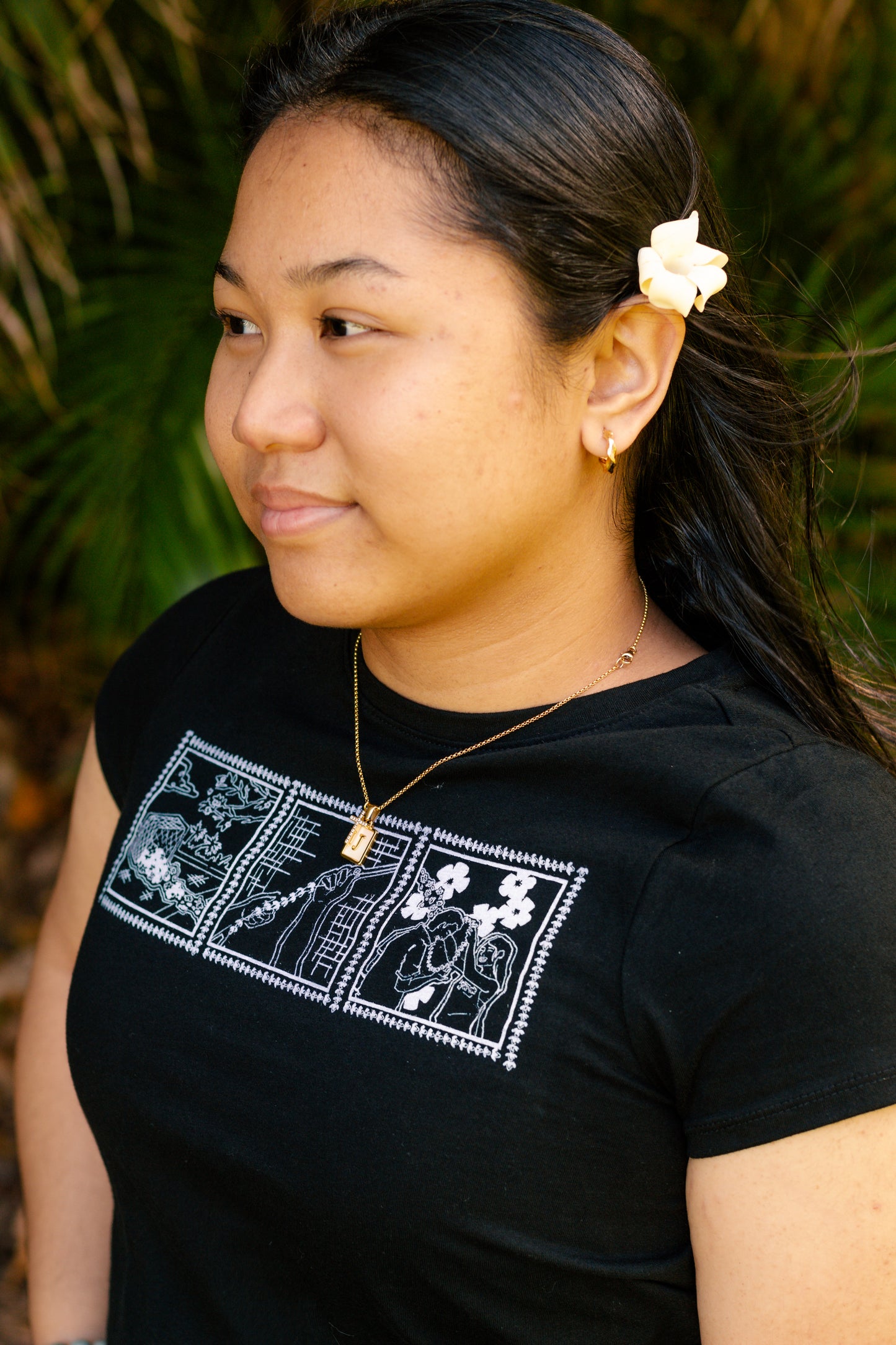 Lei of Love- Black Puakenikeni Full-Length Baby Tee