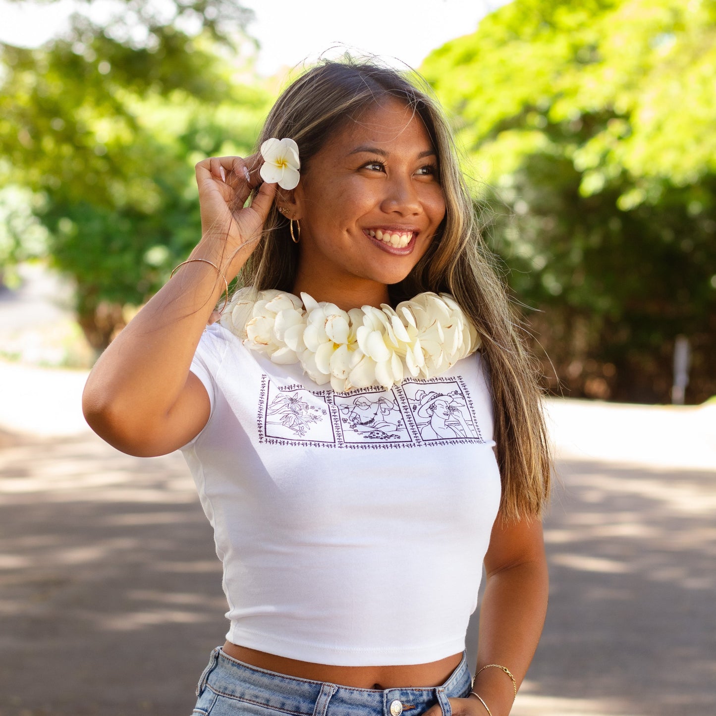 Lei of Love- White Plumeria Cropped Baby Tee