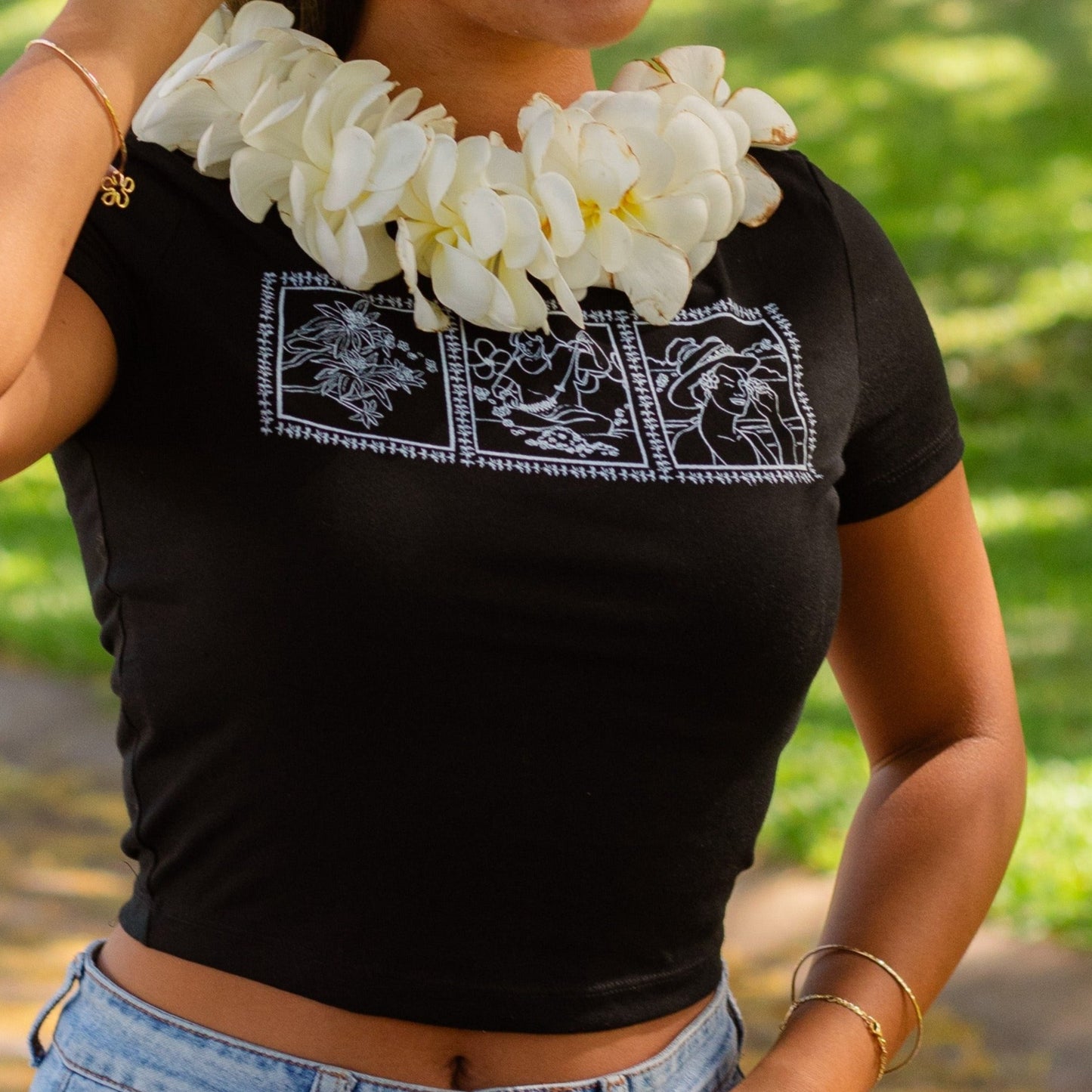 Lei of Love- Black Plumeria Cropped Baby Tee