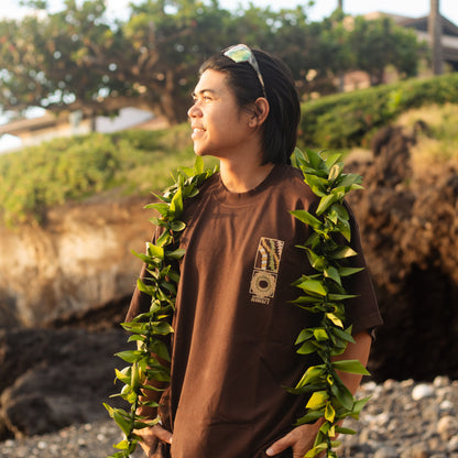 A man wearing a brown graphic t-shirt and a green leaf lei stands outdoors on a rocky beach with a grassy hill in the background.