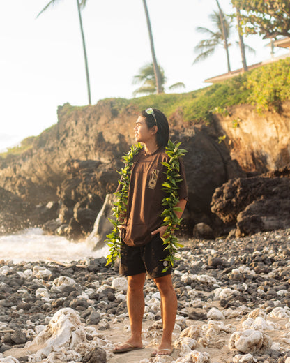 A man stands on a rocky beach wearing a brown graphic t-shirt, black shorts, and a green leaf lei, with a tropical cliffside background.