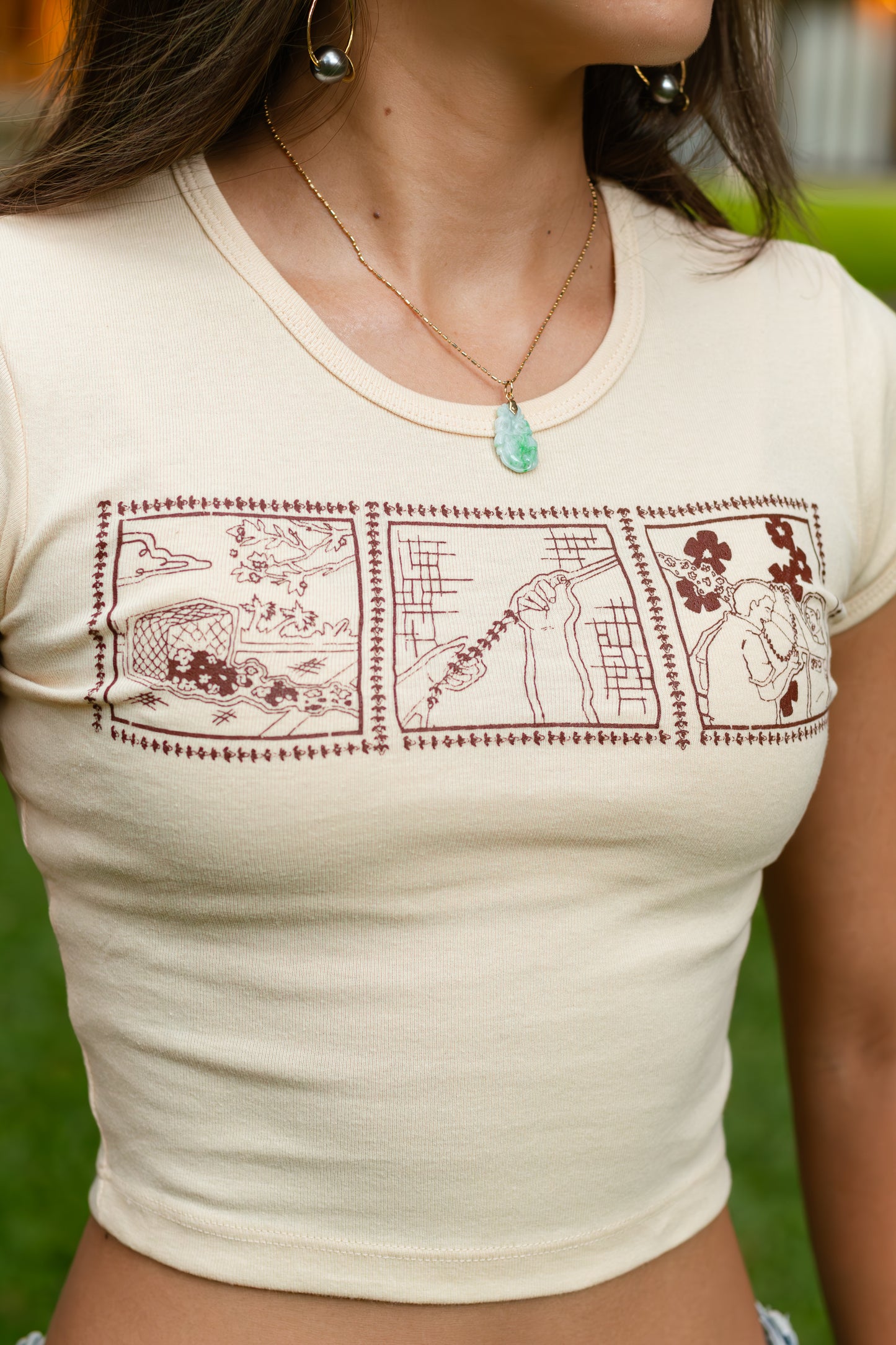 Lei of Love- Beige Puakenikeni Cropped Baby Tee
