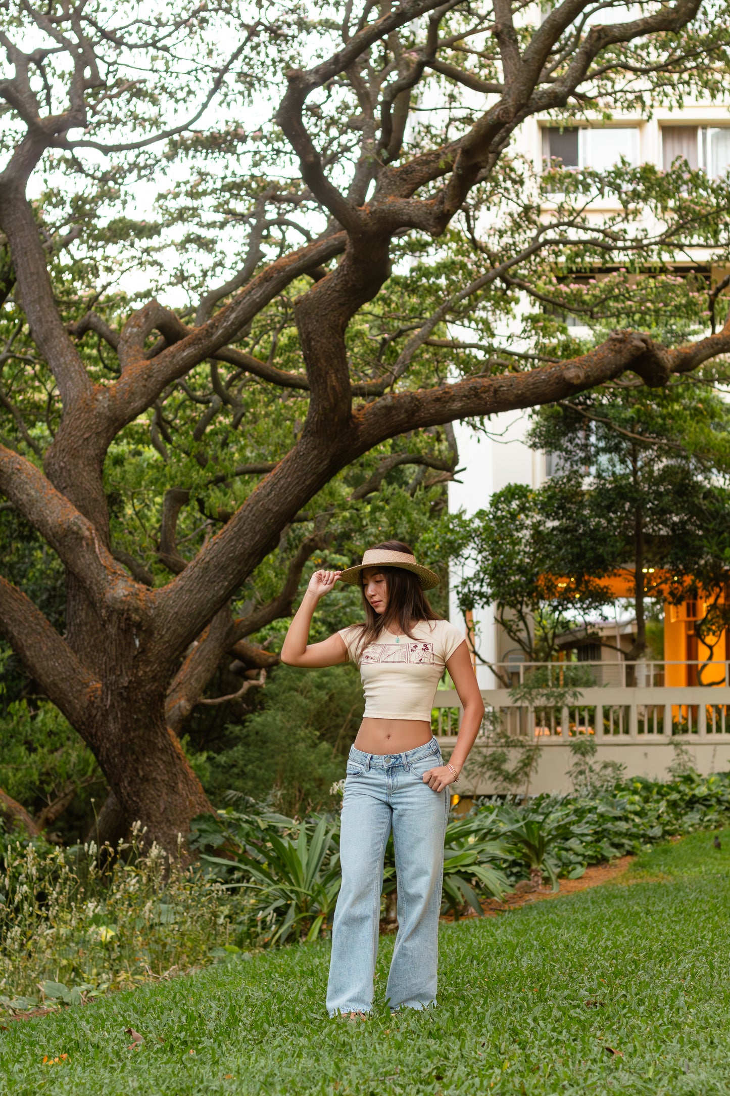Lei of Love- Beige Puakenikeni Cropped Baby Tee