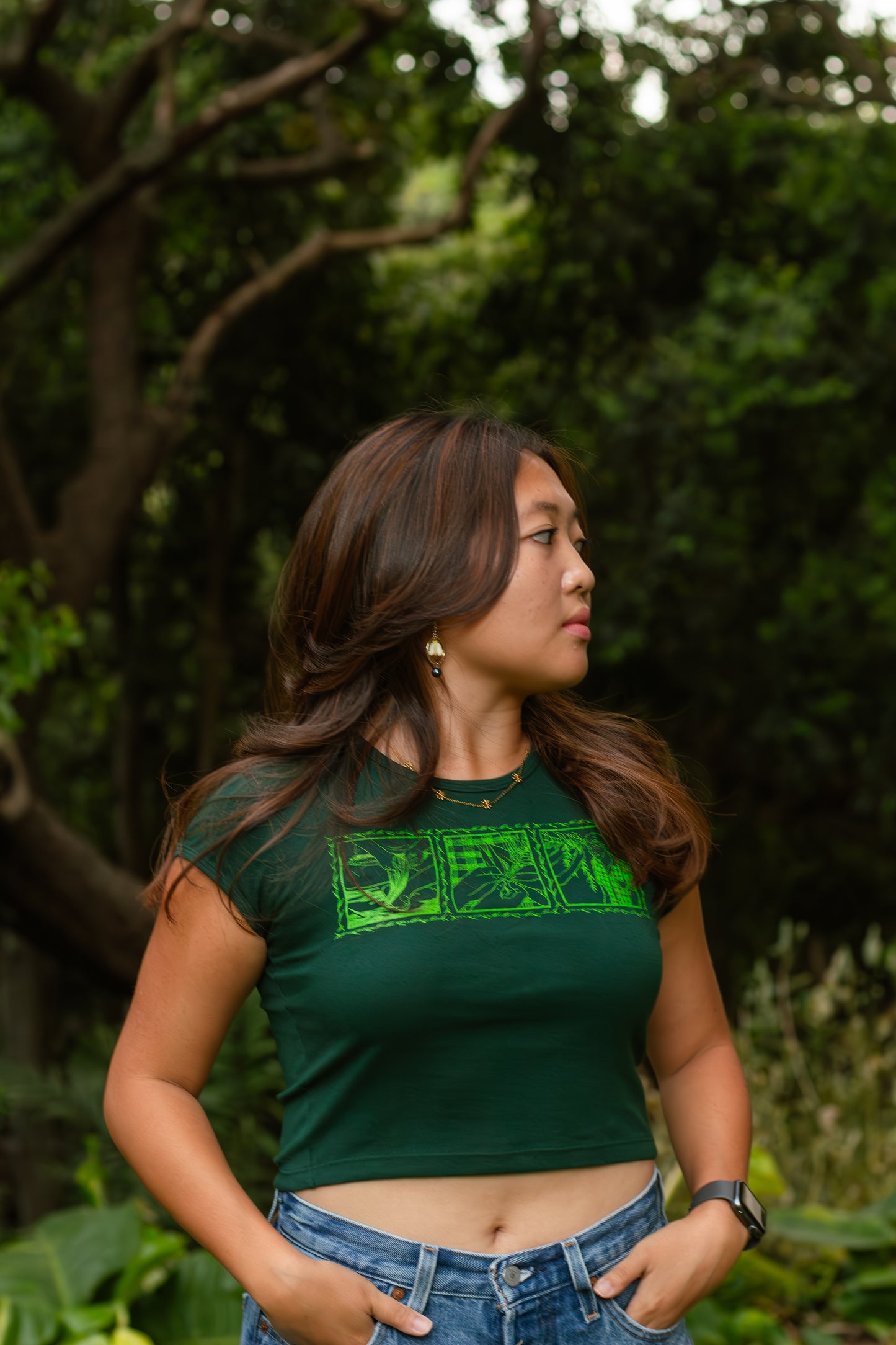 Lei of Love- Green Ti Leaf Cropped Baby Tee