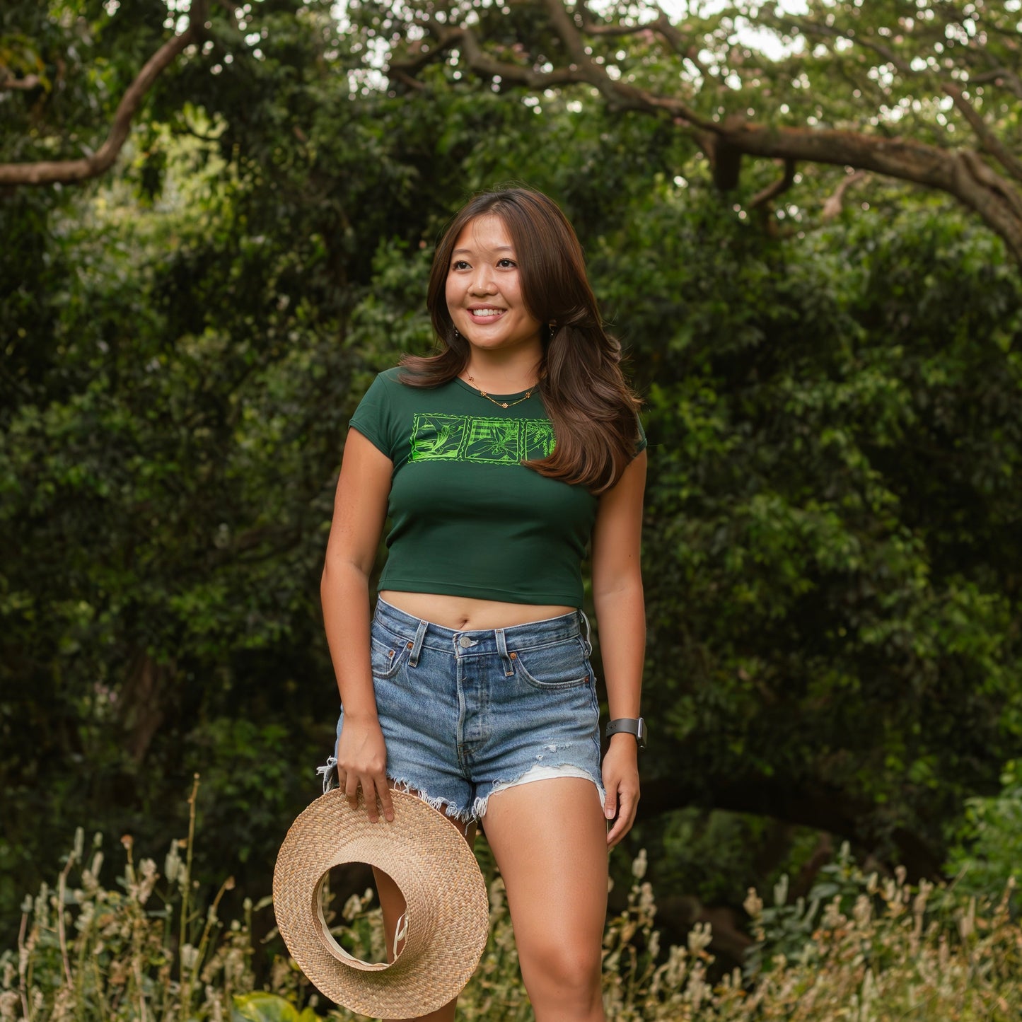 Lei of Love- Green Ti Leaf Cropped Baby Tee