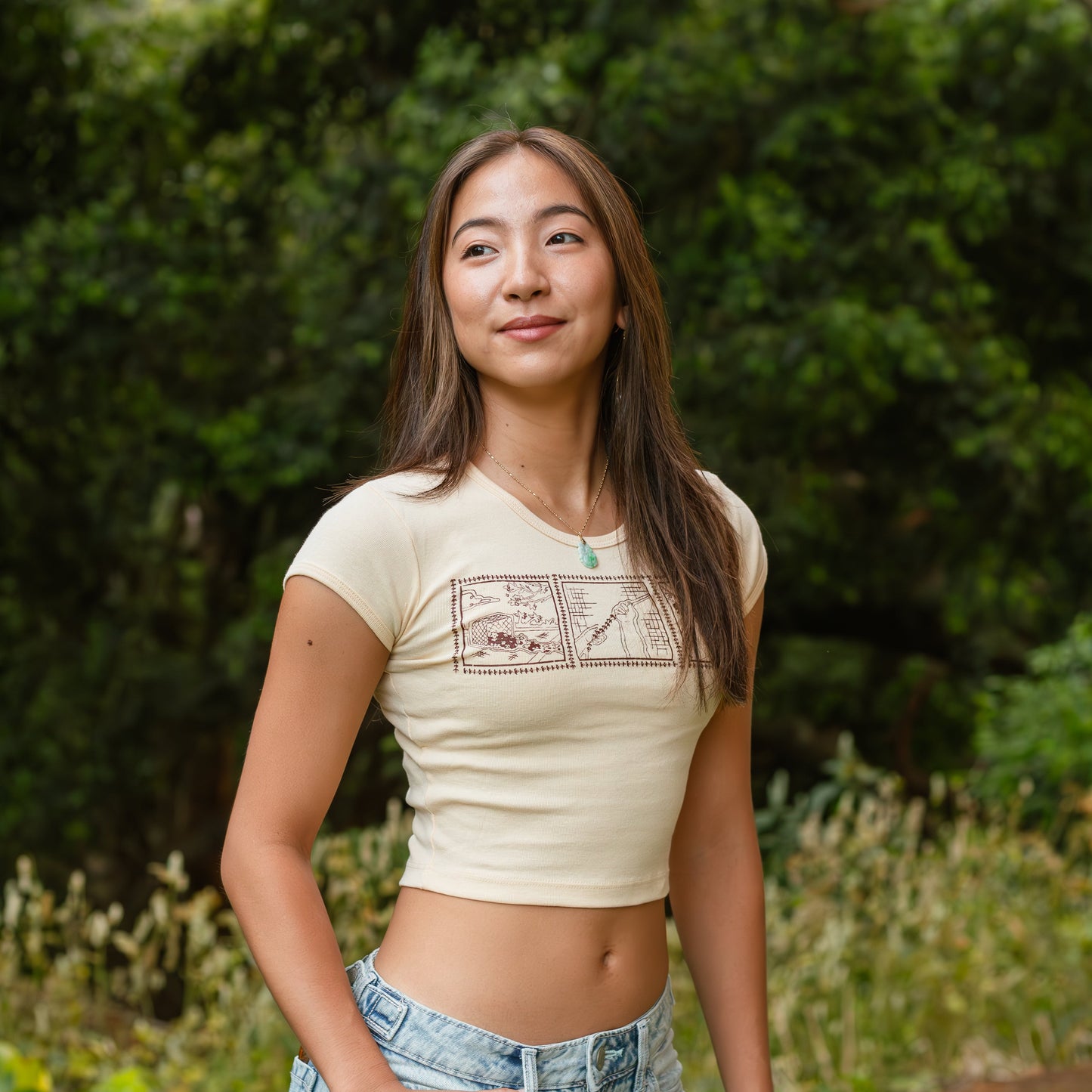 Lei of Love- Beige Puakenikeni Cropped Baby Tee
