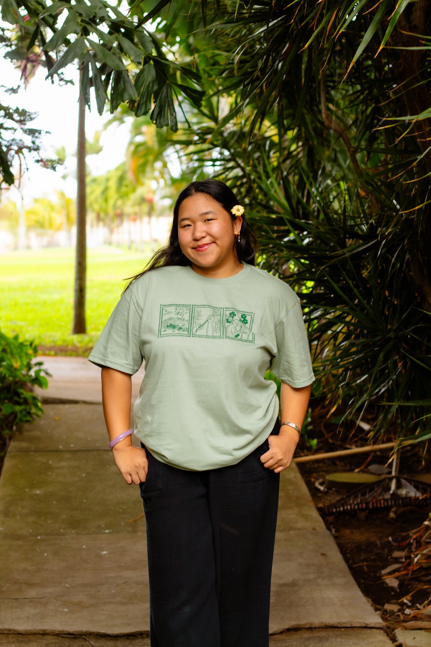 Lei of Love- Sage Green Puakenikeni Crewneck Graphic Tee