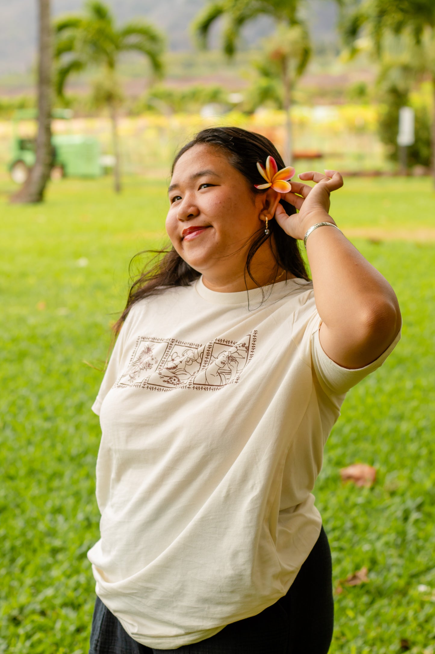 Lei of Love- Beige Plumeria Crewneck Graphic Tee