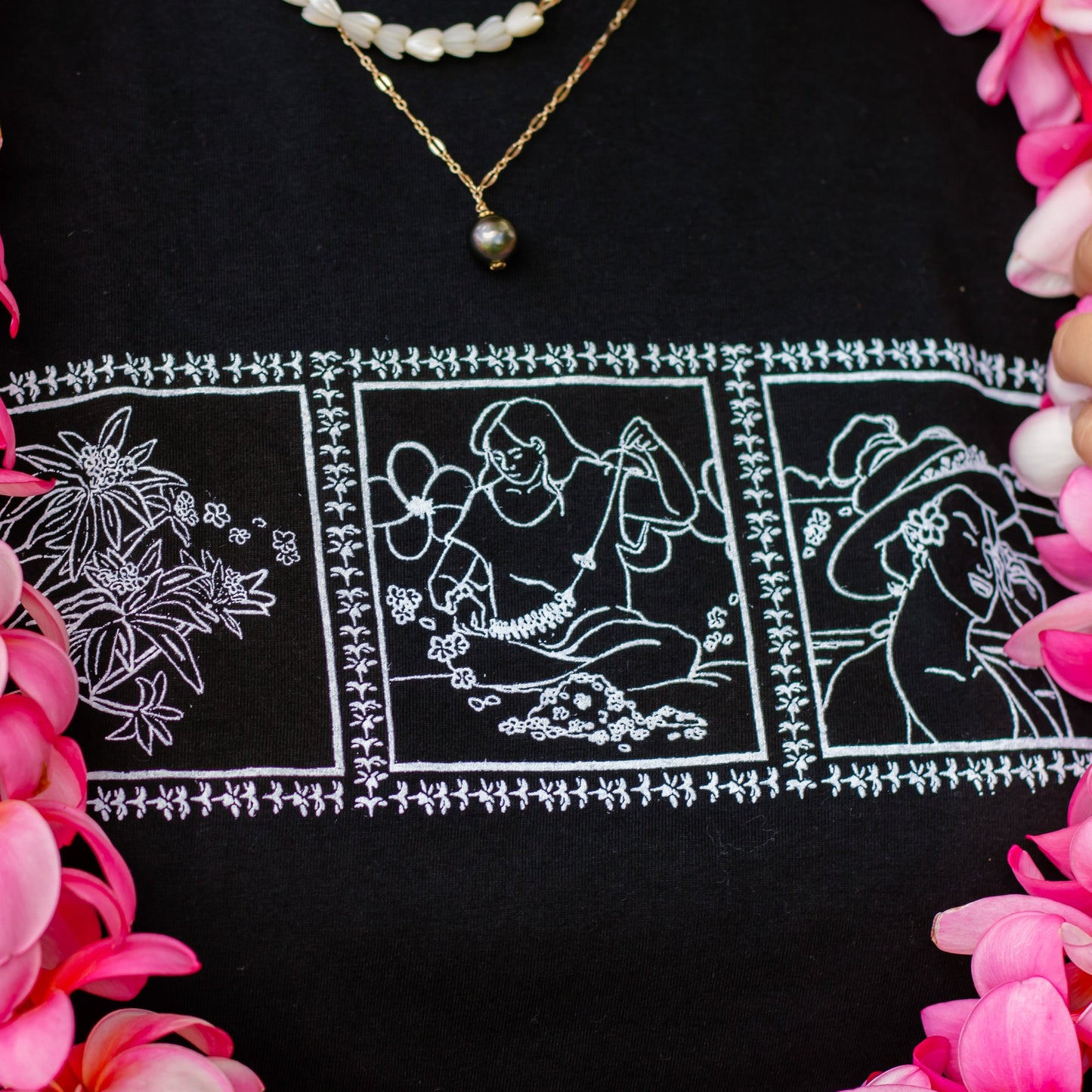 Lei of Love- Black Plumeria Crewneck Graphic Tee