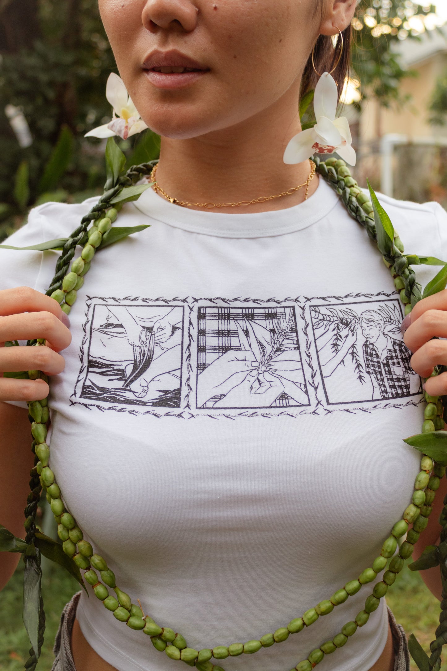 Lei of Love- White Ti Leaf Cropped Baby Tee