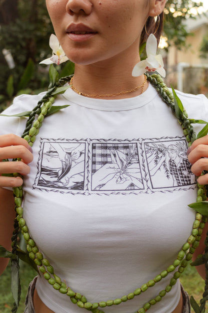 Lei of Love- White Ti Leaf Cropped Baby Tee