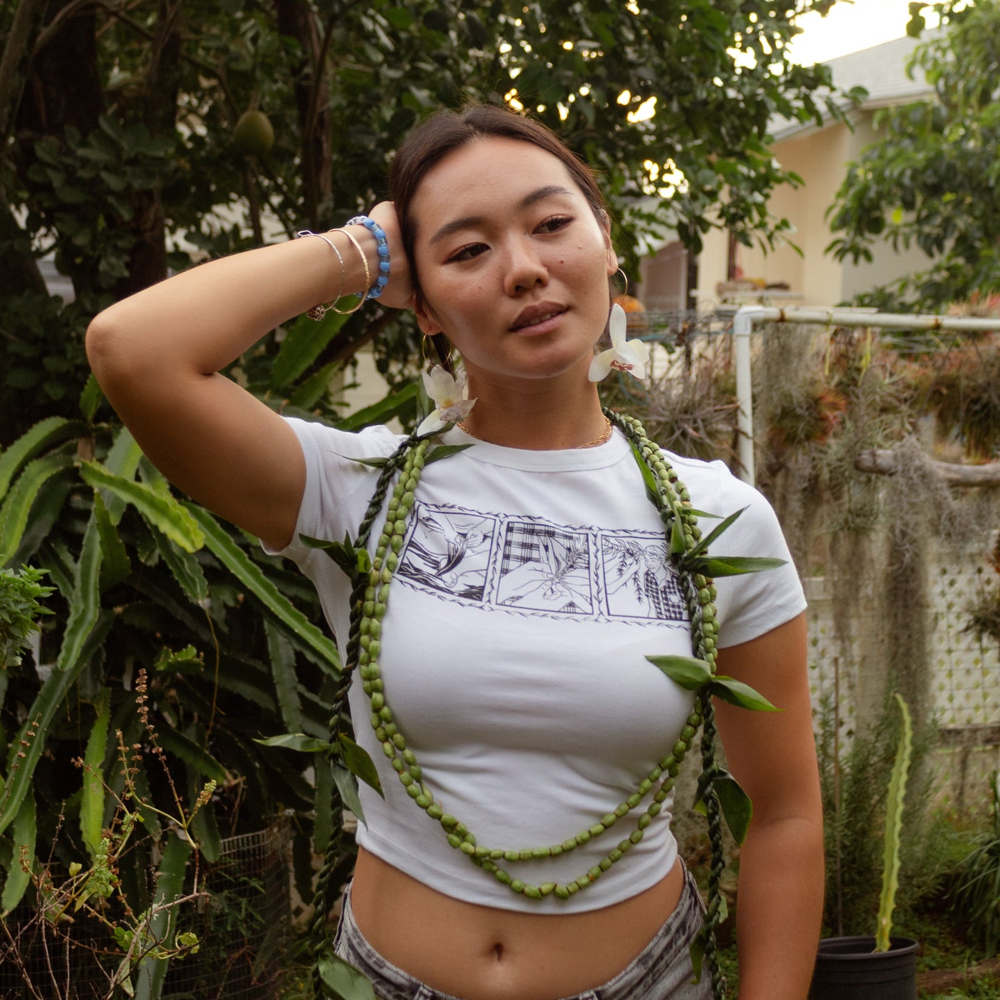 Lei of Love- White Ti Leaf Cropped Baby Tee